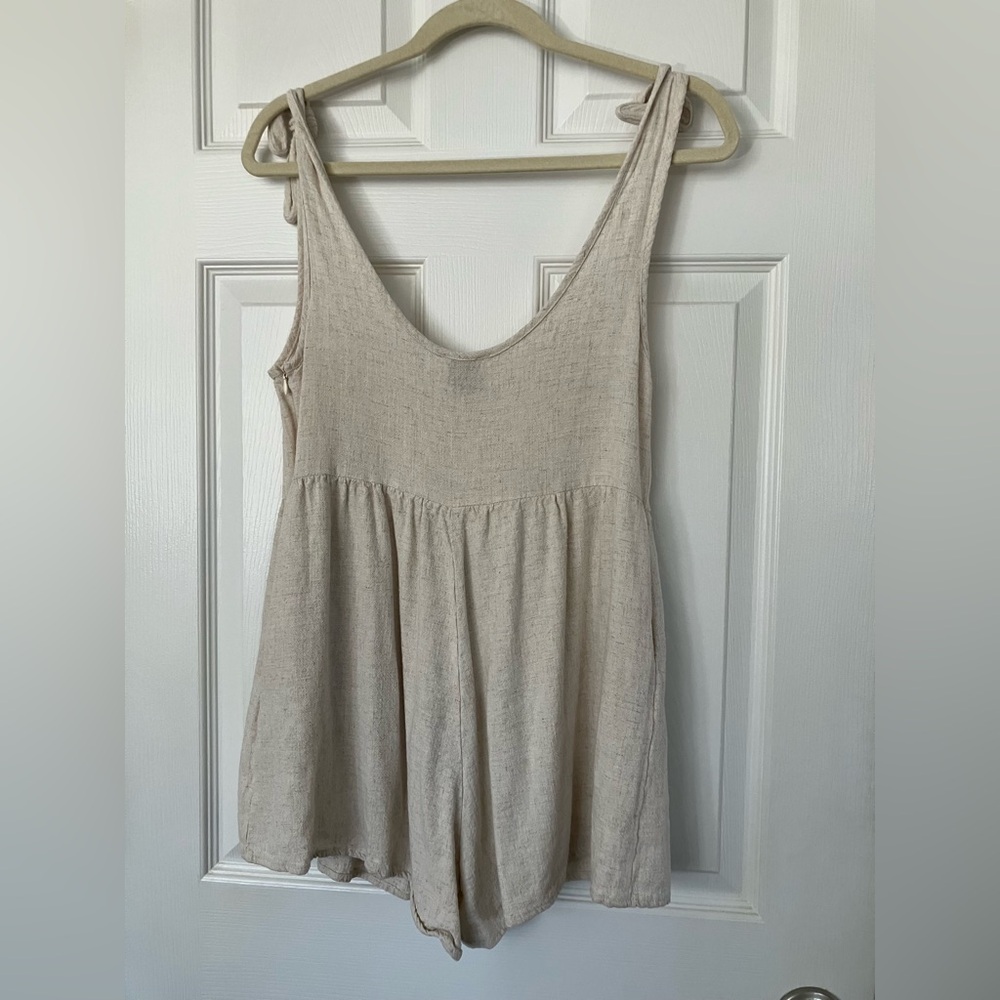 Princess Polly Tay Short Romper Outfit Tie Shoulder Straps Pockets Linen Beige 2 - Picture 15 of 15